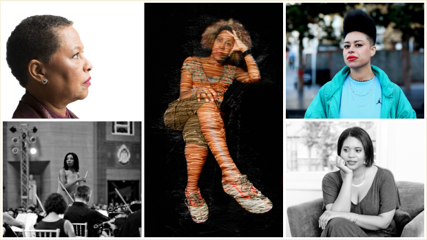 A collage of five women: Eleanor Alberga, Hannah Catherine Jones, Hannah Kendall, Dr. Shirley J. Thompson OBE, and Errollyn Wallen MBE.