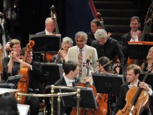 Naresh with Peter Oundjian, conductor, and the RSNO at the Proms premiere of 'The Cosmic Dance'.